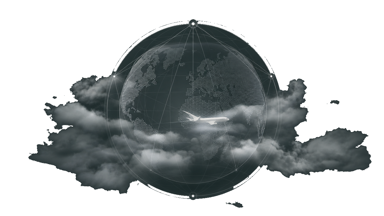 The Pravus World: a wireframe globe rising above cloud, marked with orbital connections.